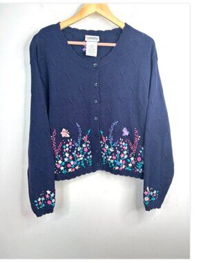 VTG Northern Reflections Embroidered Cardigan M Navy Butterfly Floral Cottage